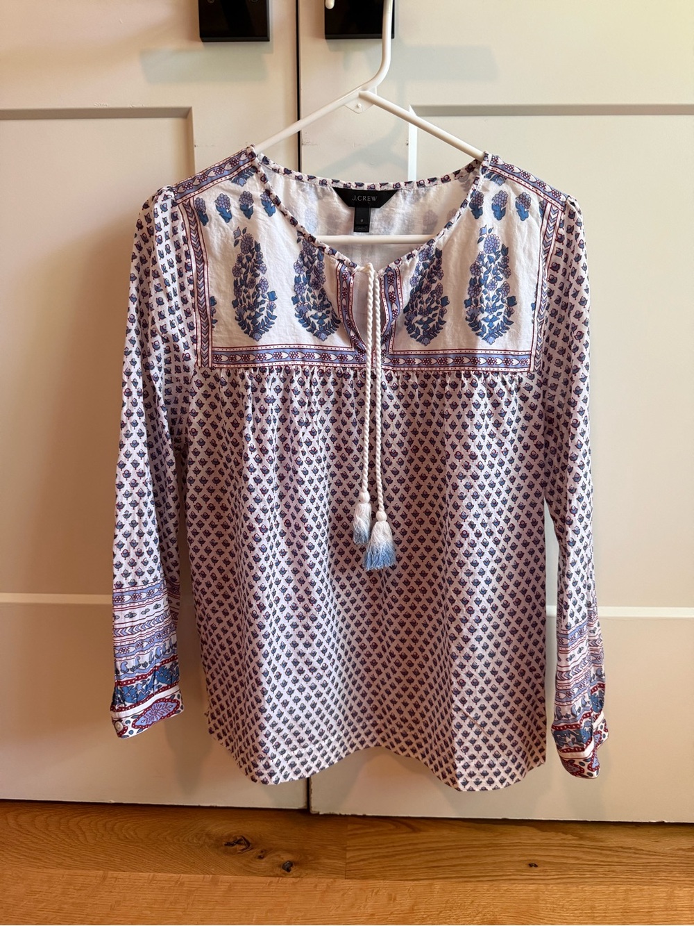 J. Crew White Tunic with Blue Block Print